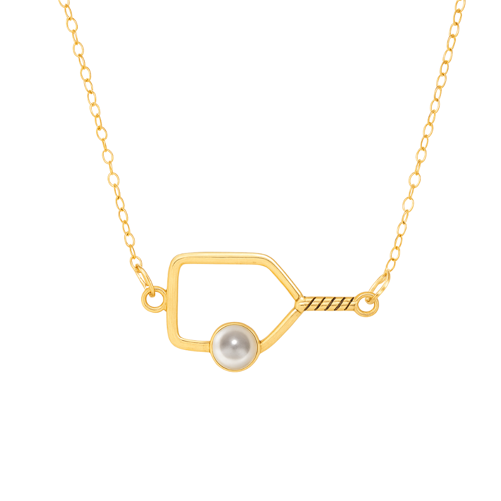 Gold pickleball paddle necklace with pearl ball and twisted handle detail, dainty sports jewelry for pickleball lovers