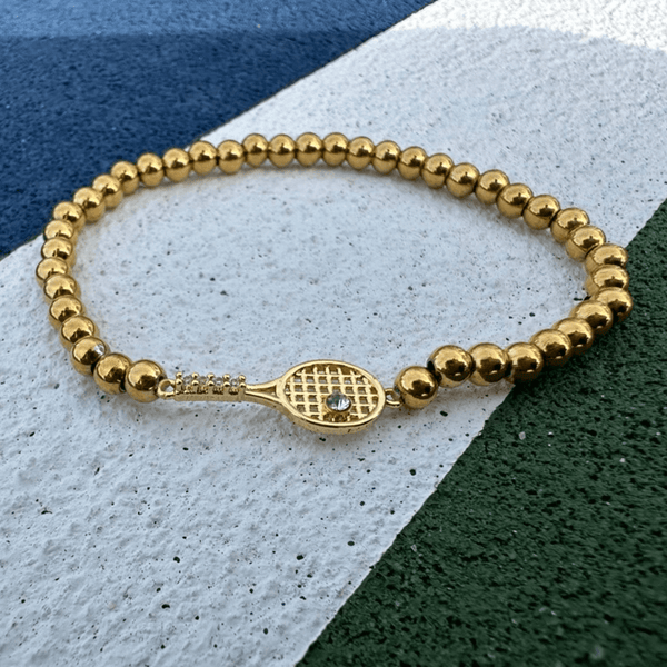 Gold Rhinestone Tennis Racket Beaded Bracelet