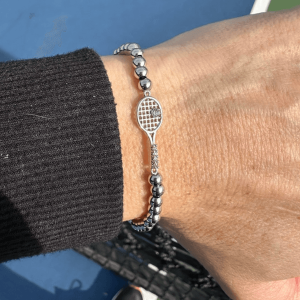 silver Rhinestone Tennis Racket Beaded Bracelet