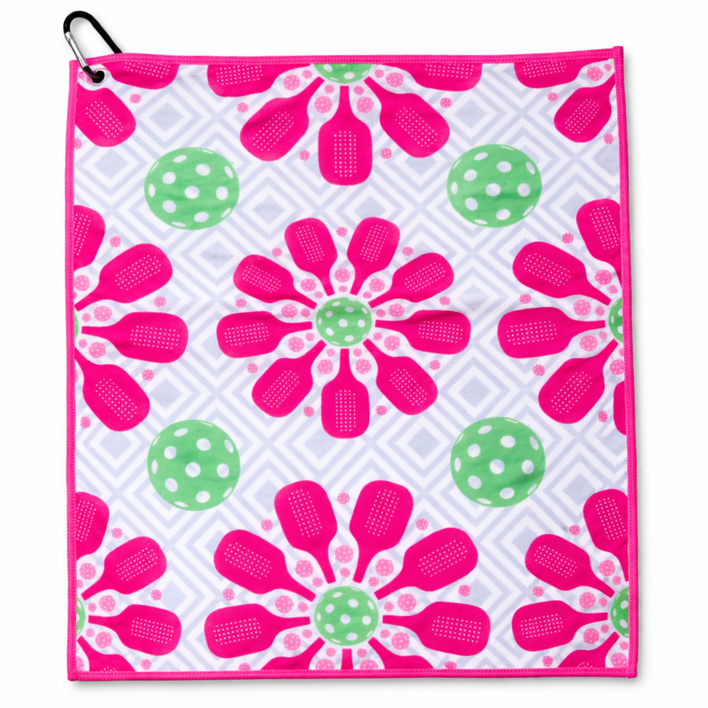 Pickleball Towel - Pink Flower Microfiber & Cotton Towel