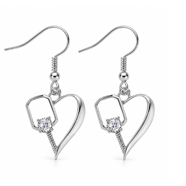 Pickleball Heart Rhinestone Dangle Earrings