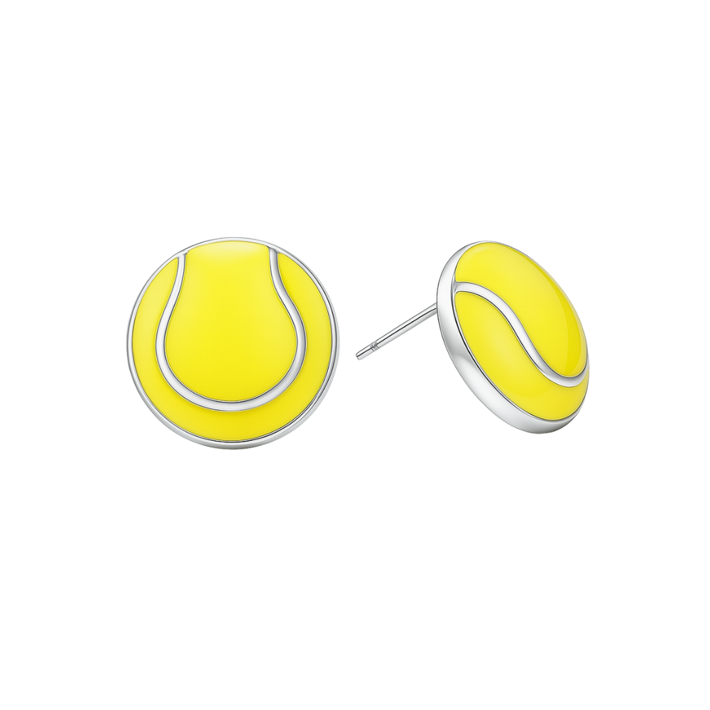 Tennis ball stud earrings in yellow with stainless steel posts, a perfect tennis gift for enthusiasts.