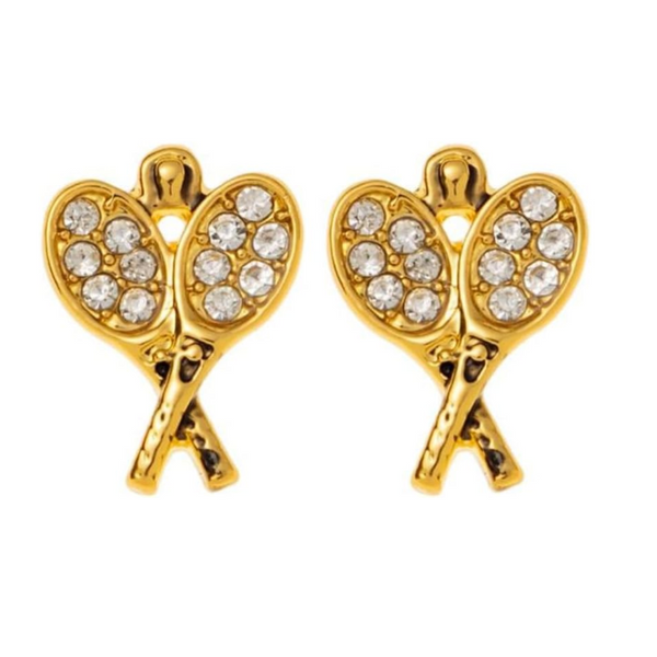 Gold tennis racket stud earrings with rhinestones, perfect tennis gift for enthusiasts.