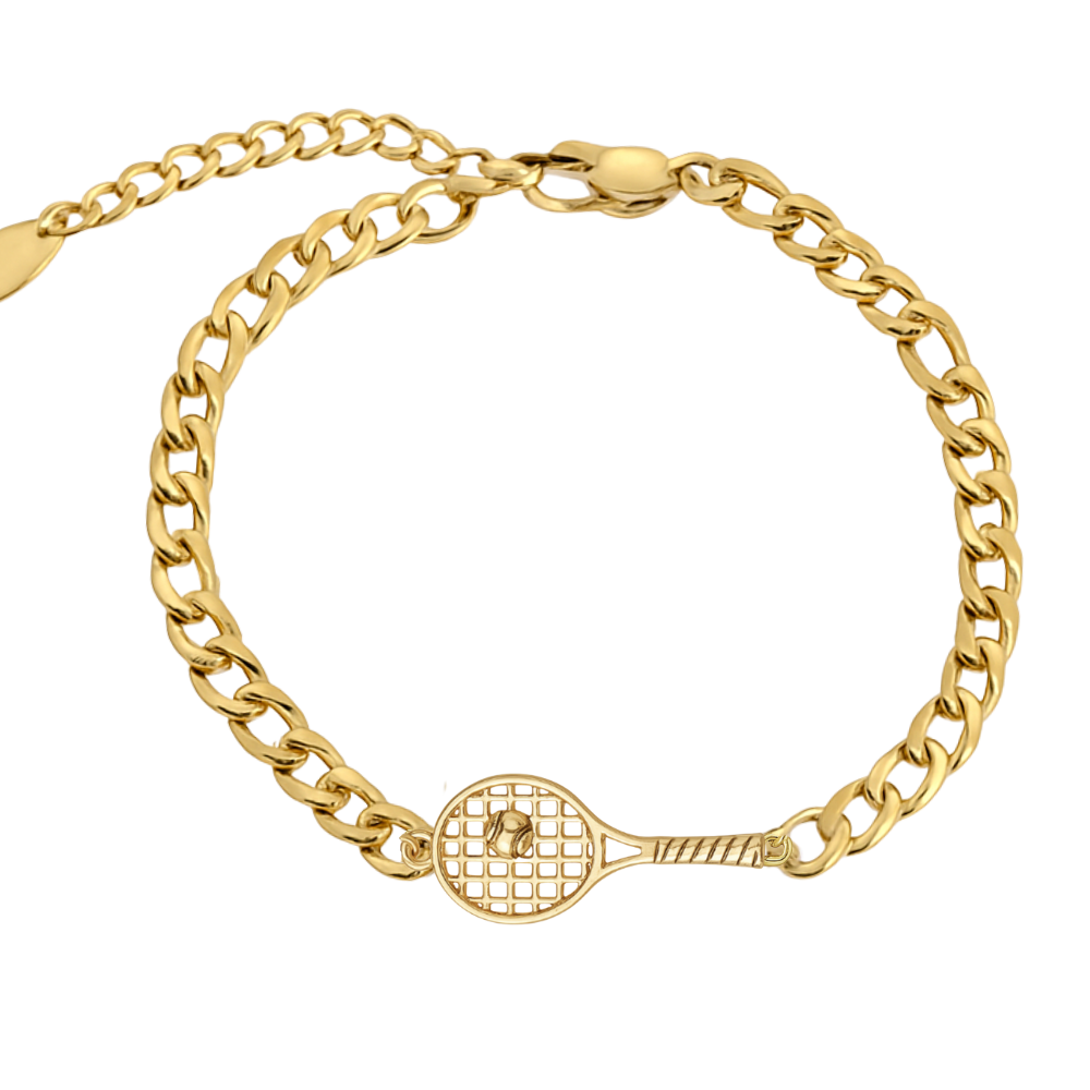 Gold adjustable tennis racket bracelet, perfect for tennis jewelry and gifts, showcasing a detailed charm and classic style.