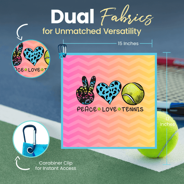 Peace Love Tennis Towel- Microfiber & Cotton Athletic Towels with Carabiner Clip