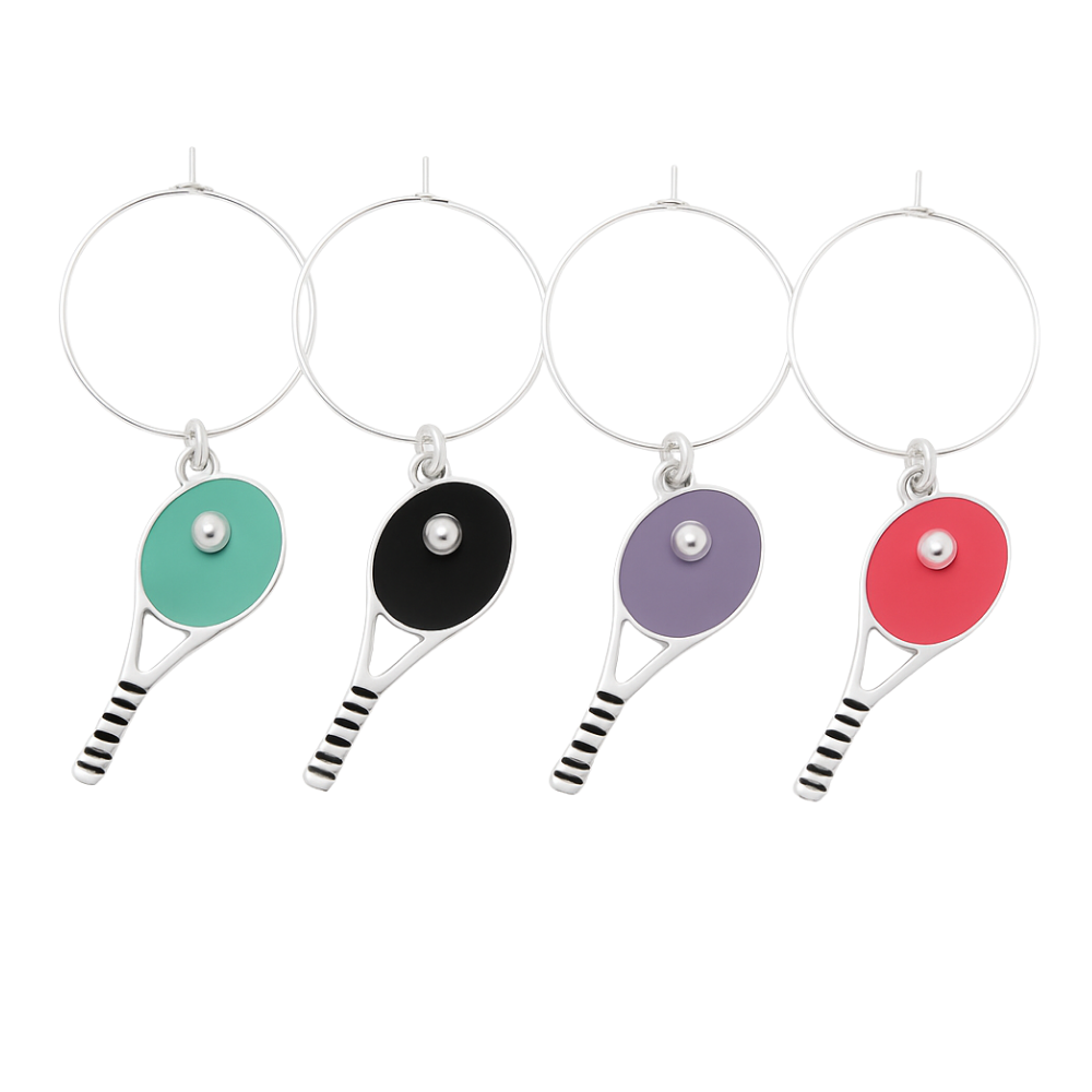 Silver tennis racket wine charms set with colorful designs, perfect tennis gift and accessories for wine lovers.