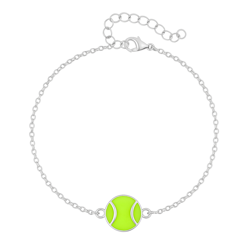 Delicate silver chain bracelet featuring a bright green enamel tennis ball charm with adjustable clasp, sporty tennis-themed jewelry for women and girls