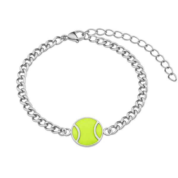Chunky silver curb chain bracelet with bright green enamel tennis ball charm and adjustable clasp, trendy tennis jewelry for athletes and sports lovers