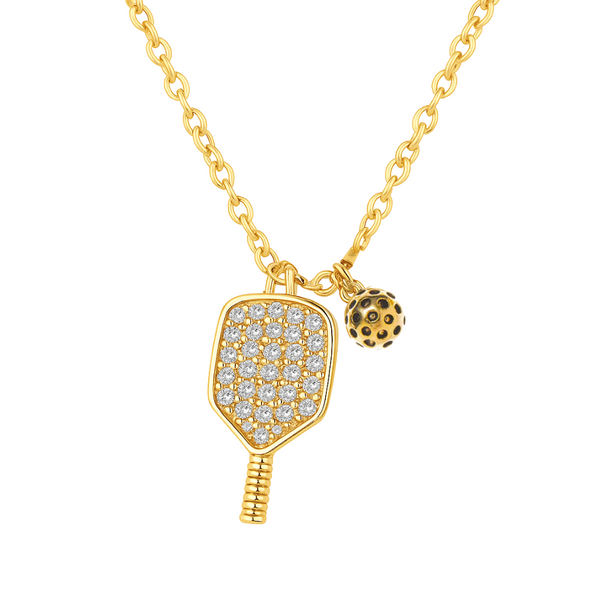 gold pickleball paddle necklace with rhinestone paddle charm and pickleball ball pendant