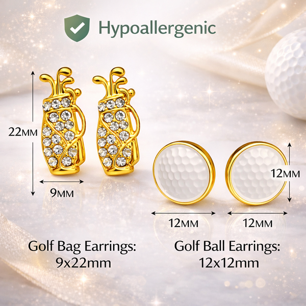 Gold Golf Bag and Golf Ball Stud Earrings Set