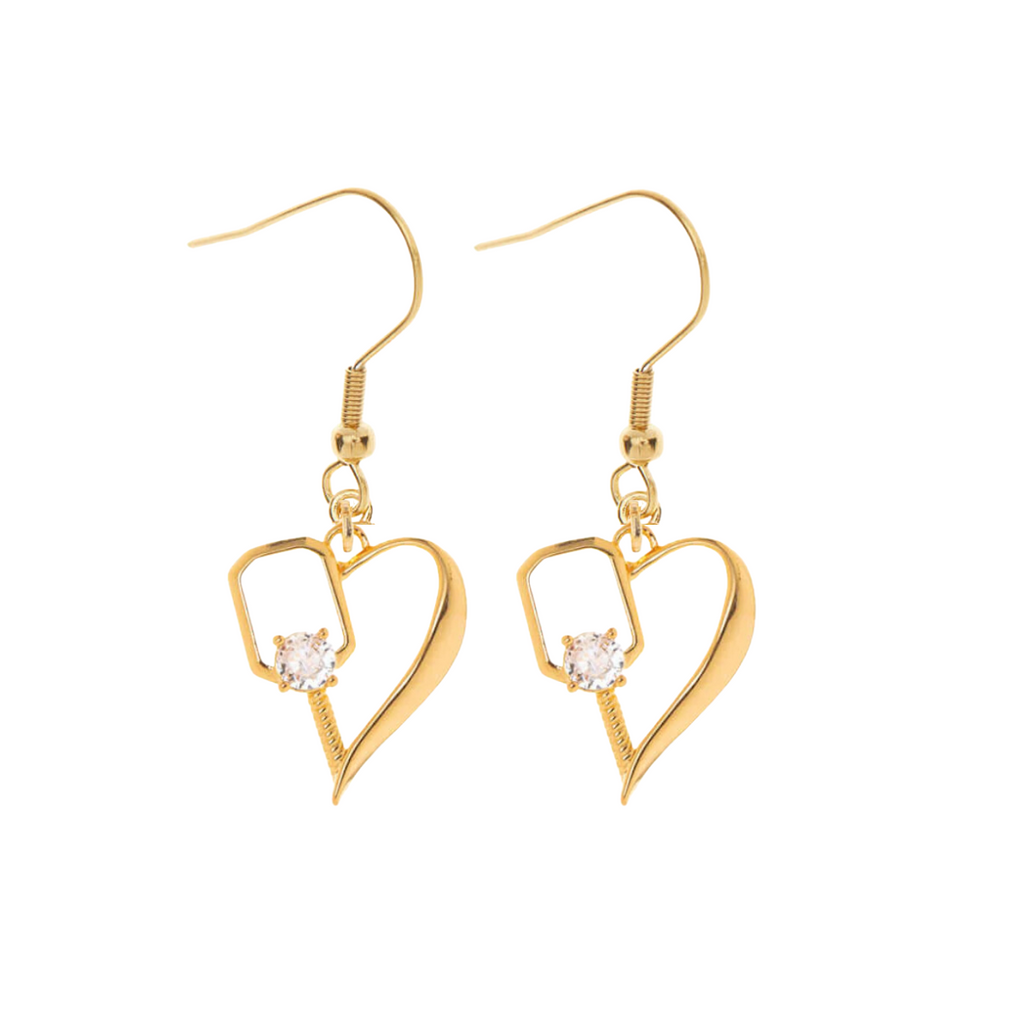 Gold Pickleball Heart Rhinestone Dangle Earrings