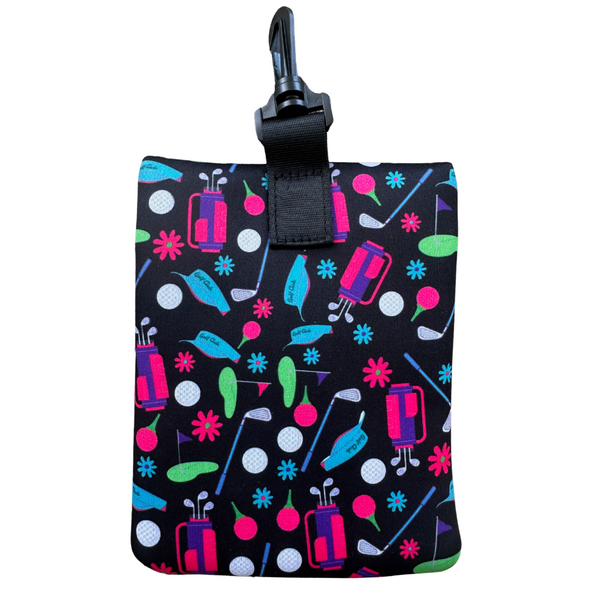 Back view of the golf pouch showing full pattern design with clip attachment at the top for easy hanging.