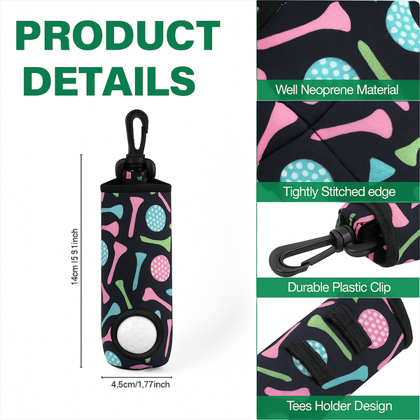 Colorful neoprene golf ball pouch for women with easy-access opening and clip for golf bags