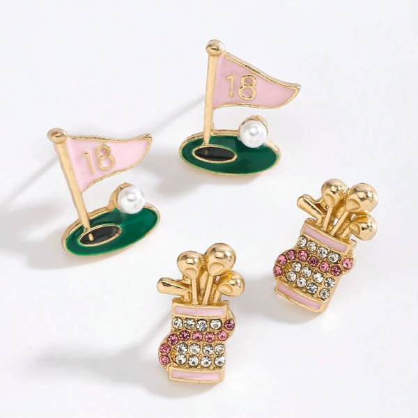 Golf 2-piece earring set showcasing a pink 18th hole flag and sparkling golf bag, ideal golf gifts and accessories.