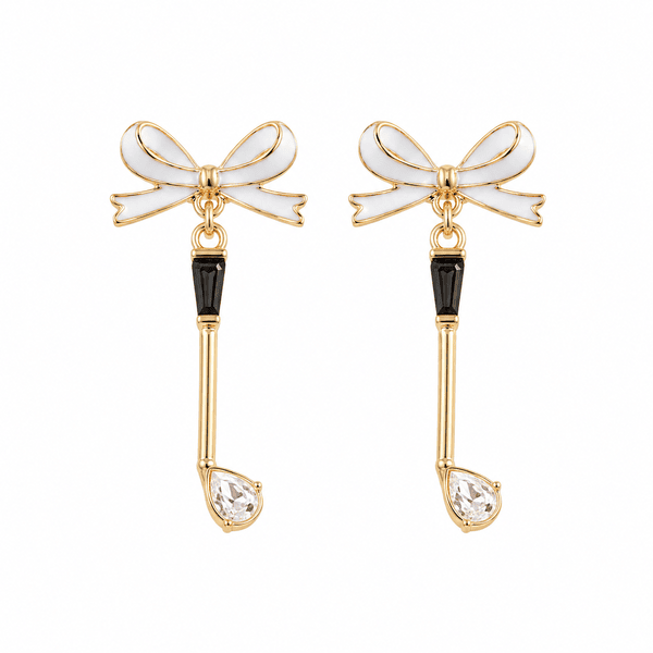Golf Club Ribbon Bow Rhinestone Earrings