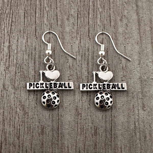 I Love Pickleball Dangle Earrings in silver plated stainless steel, perfect pickleball jewelry and accessories for women.