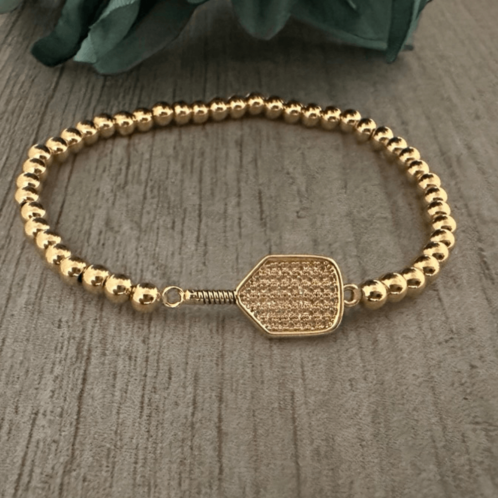 Pickleball Beaded Stretch Rhinestone Bracelet - Gold | Born to Rally