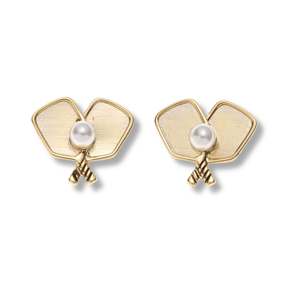 Gold Pickleball Pearl Paddle Stud Earrings