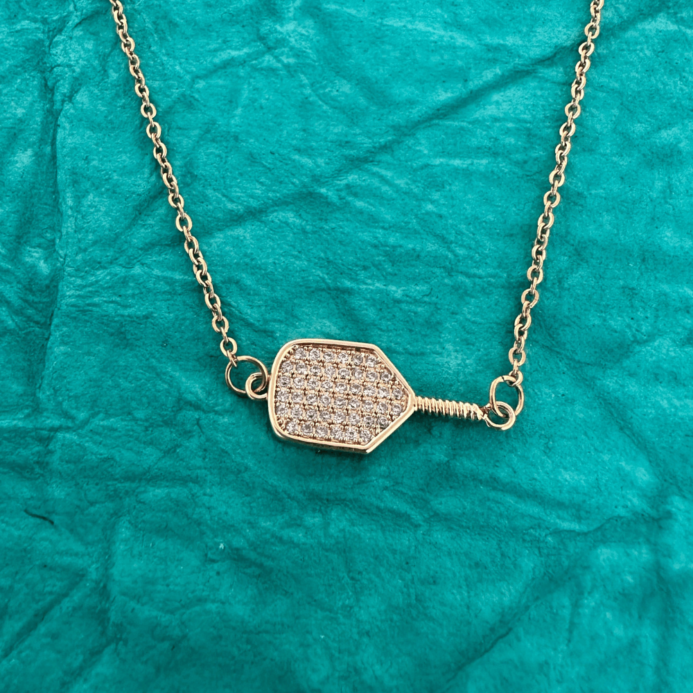 Gold Pickleball Connector Rhinestone Necklace Born to Rally
