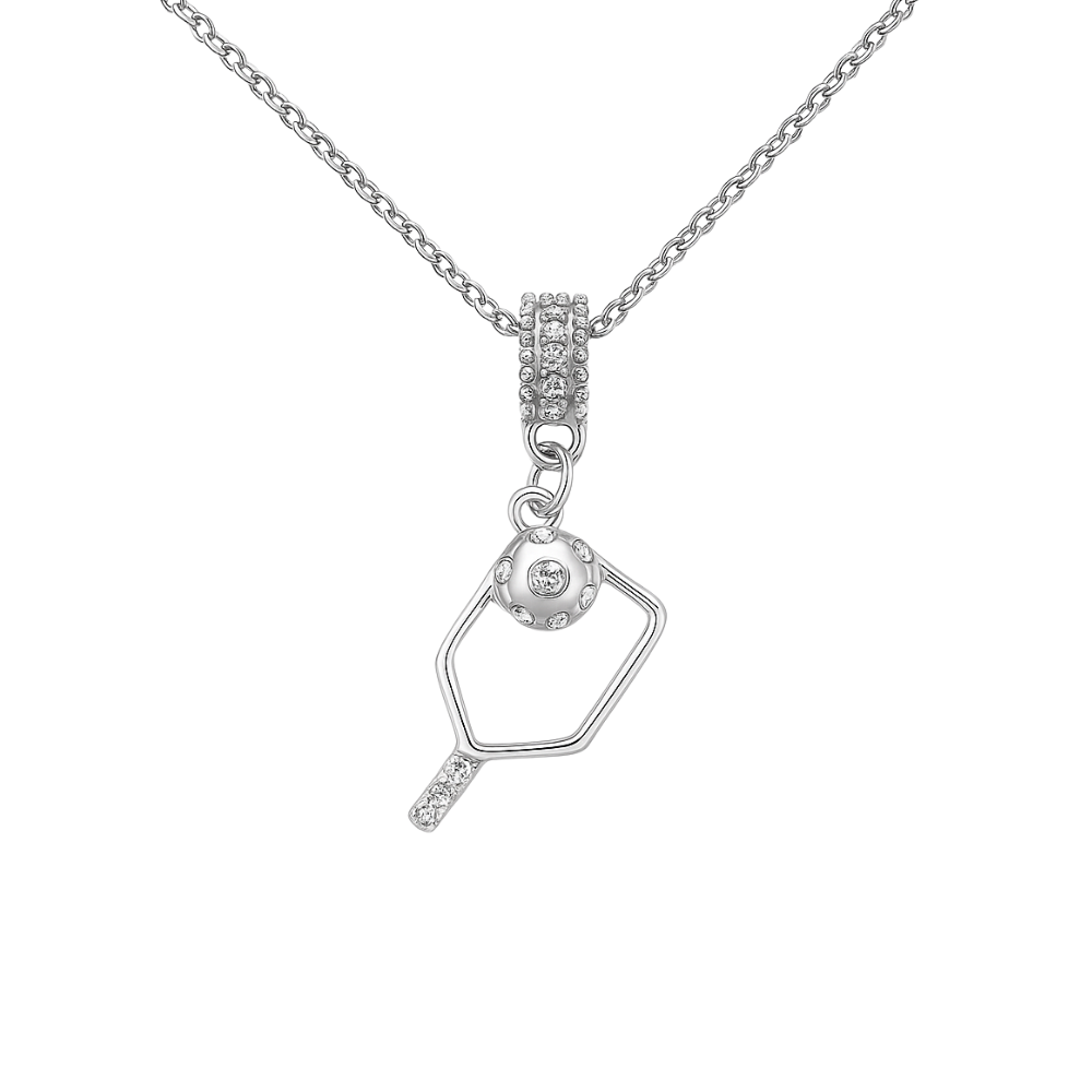 Elegant pickleball necklace with cubic zirconia charm, perfect for pickleball enthusiasts and as a stylish gift.