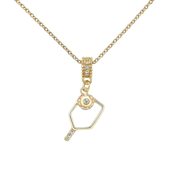 Elegant 18K gold-plated pickleball necklace with cubic zirconia charm, perfect pickleball gift for enthusiasts.