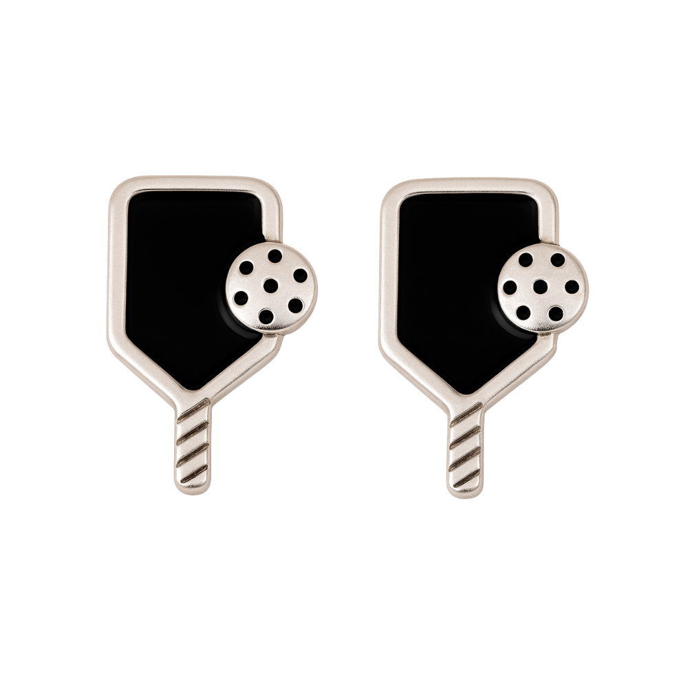 Black and Silver Pickleball Paddle Stud Earrings