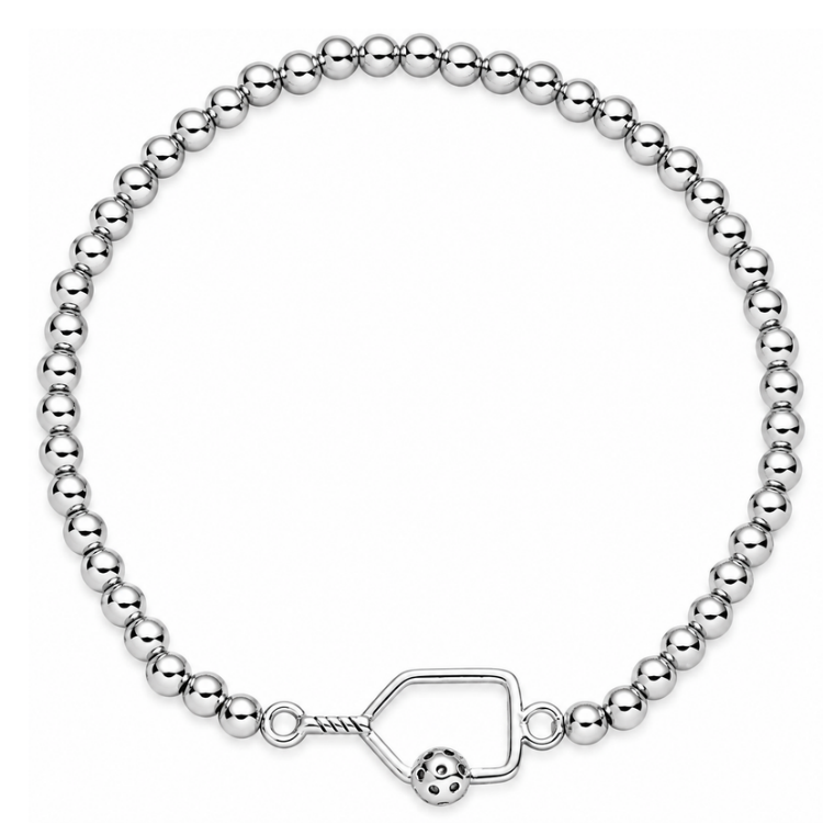Pickleball Beaded Stretch Bracelet -Silver