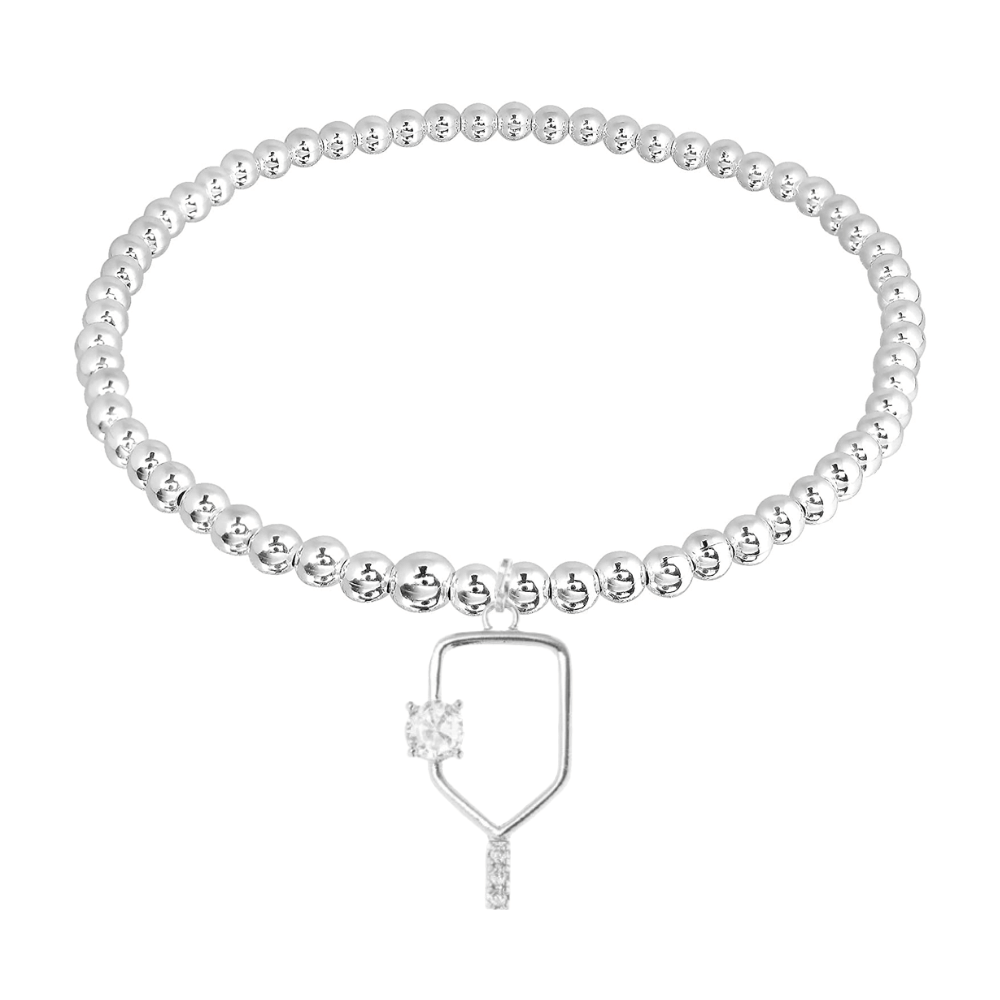 CZ Pickleball Beaded Stretch Bracelet - Silver