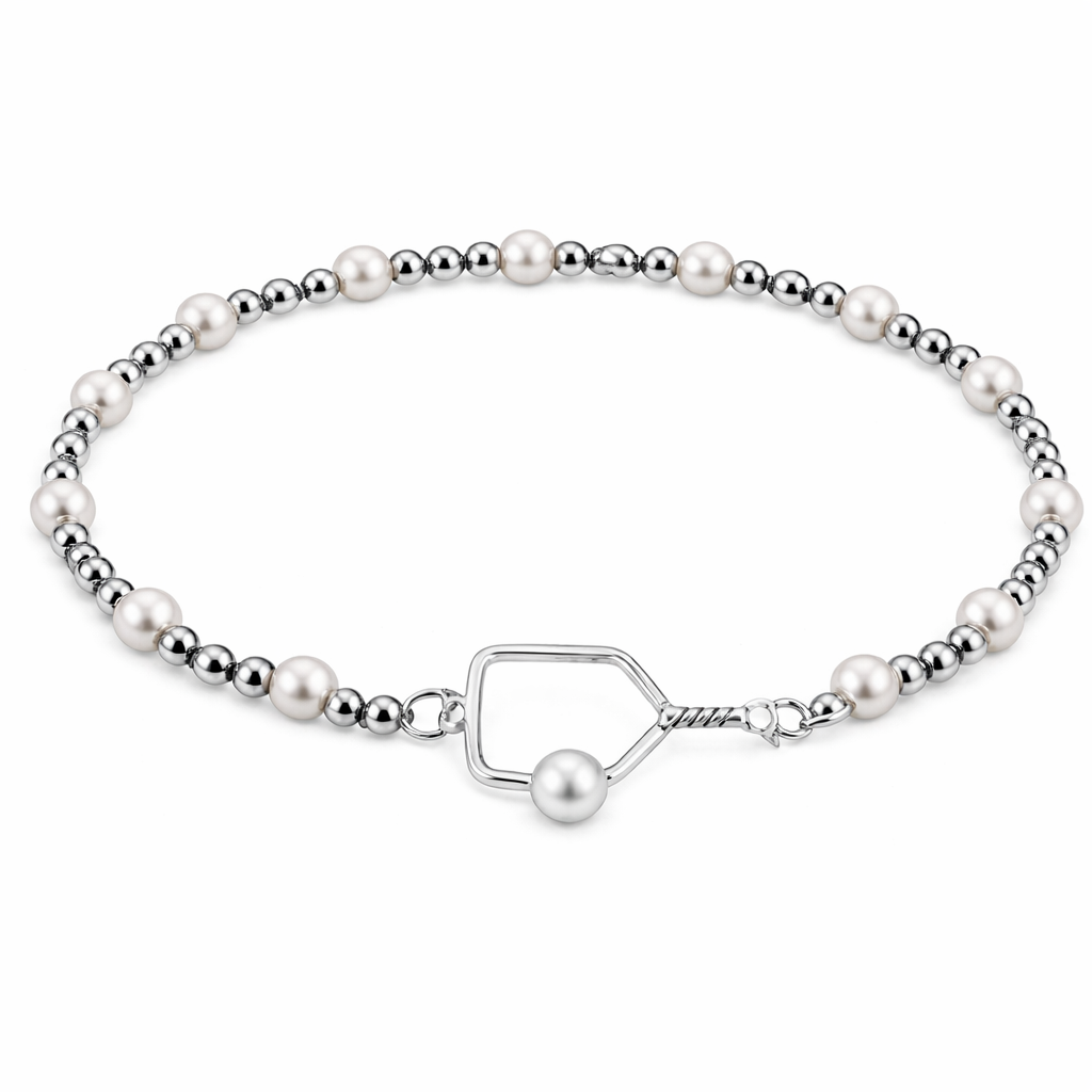 Pickleball Two Tone Silver Pearl Beaded Bracelet