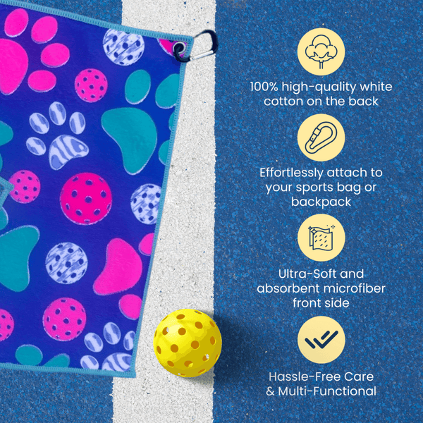 Pickleball Towel- Paw Print Microfiber & Cotton Athletic Towels with Carabiner Clip