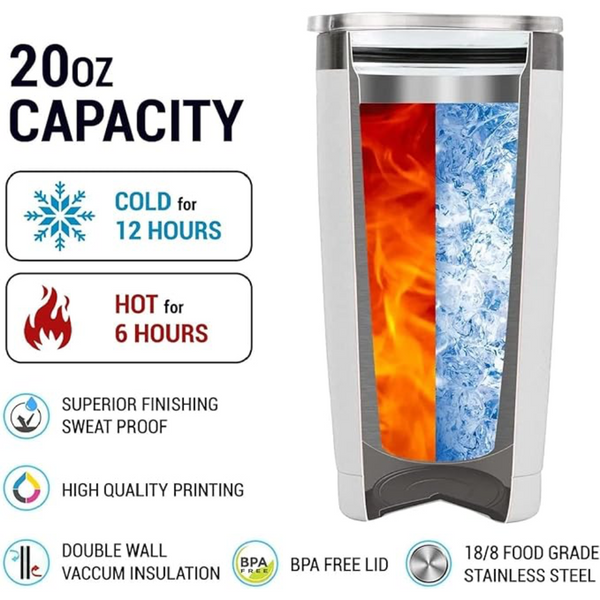 Insulated tumbler with vibrant golf pattern design, including red and orange clubs, green golf balls, and playful golf terms on a clean white surface.
