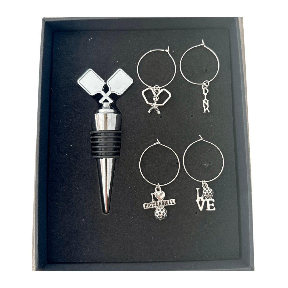 Silver Pickleball Wine Stopper and Charms