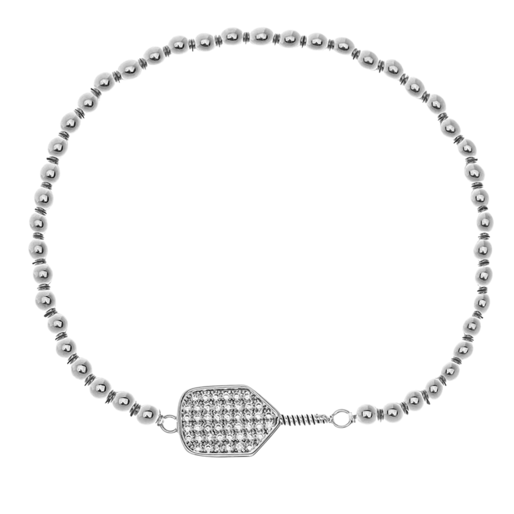 Pickleball Beaded Stretch Rhinestone Bracelet -Silver