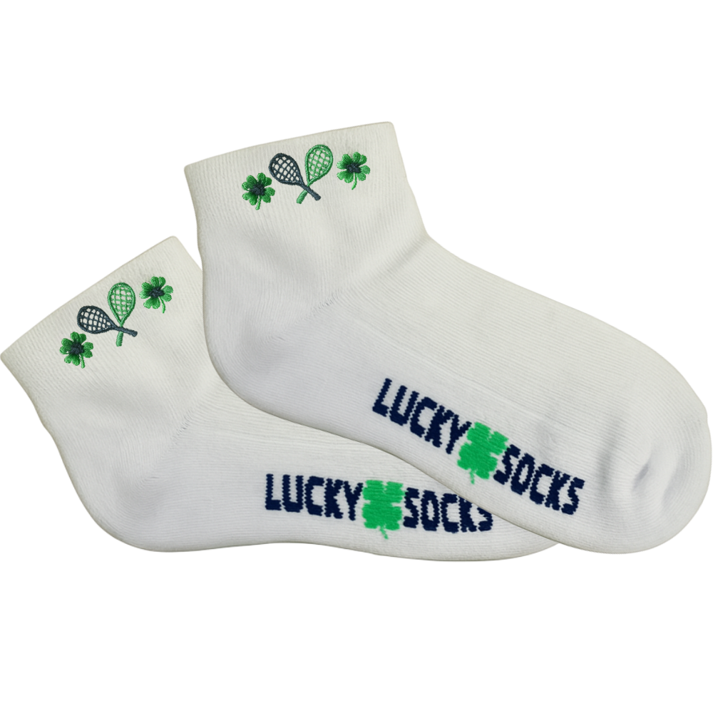 Women’s tennis lucky ankle socks with embroidered rackets and clovers, perfect tennis gift for women.