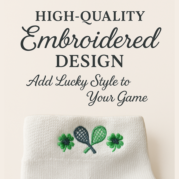 High-quality embroidered tennis socks with lucky shamrocks and rackets for women.
