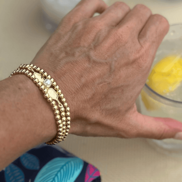 Pearl Pickleball Beaded Stretch Bracelet on the Wrist