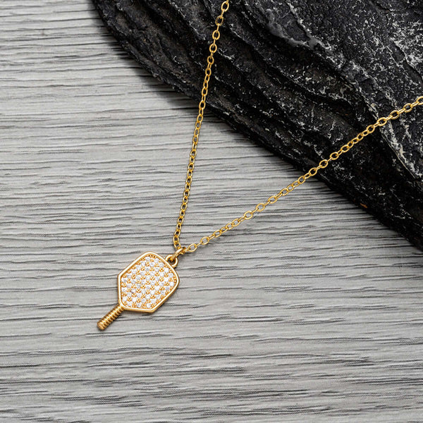 Gold Pickleball CZ Paddle Necklace