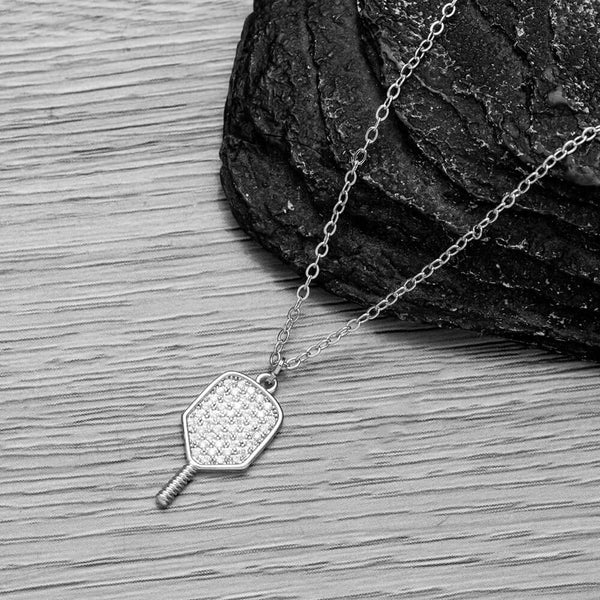 Silver Pickleball CZ Paddle Necklace