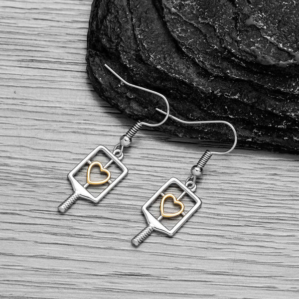 Pickleball Heart Dangle Earrings - Silver & Gold