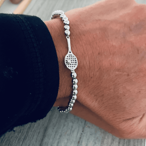 Silve Beaded Tennis Racket Bracelet on the Wrist