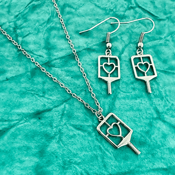 Pickleball Jewelry Set - Necklace & Earrings - Silver