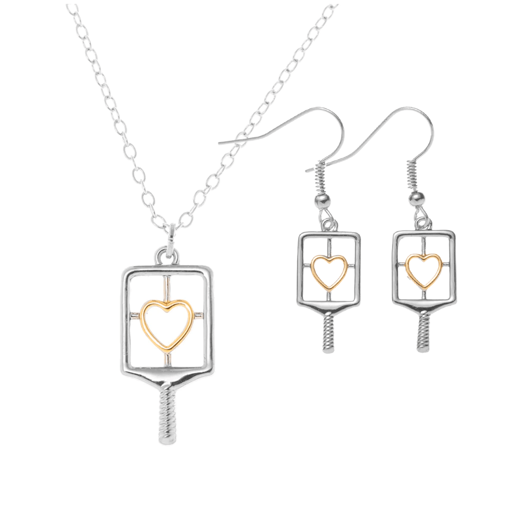 Gold and Silver Pickleball Heart Paddle Necklace & Earring Set